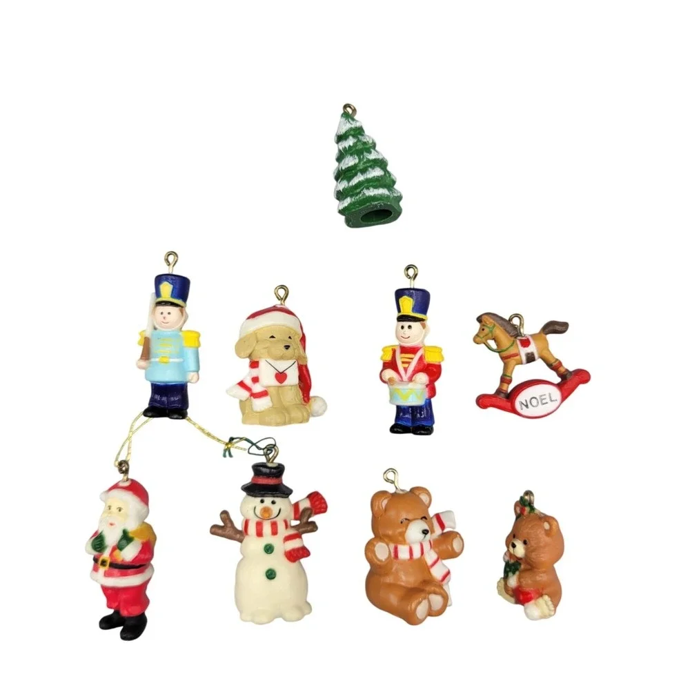 Vtg Christmas Miniature Ornaments Set Of 9 Plastic Figurines Santa Snowman Bear